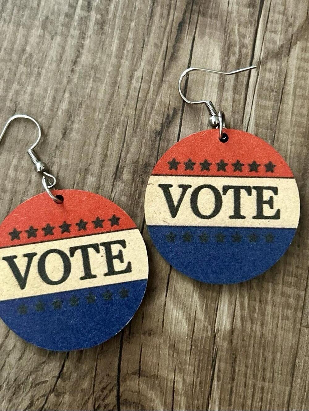 “Vote” Circular Americana Dangle Earrings for Women, Wooden Jewelry Handmade